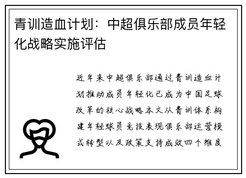 青训造血计划：中超俱乐部成员年轻化战略实施评估